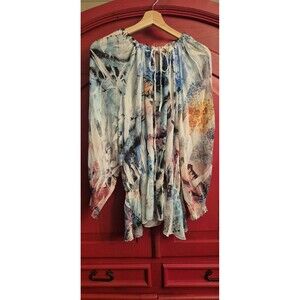 Mushka By Sienna 1X Top Gorgeous Multi Color Sheer Cool Peplum Shirt Blues EUC